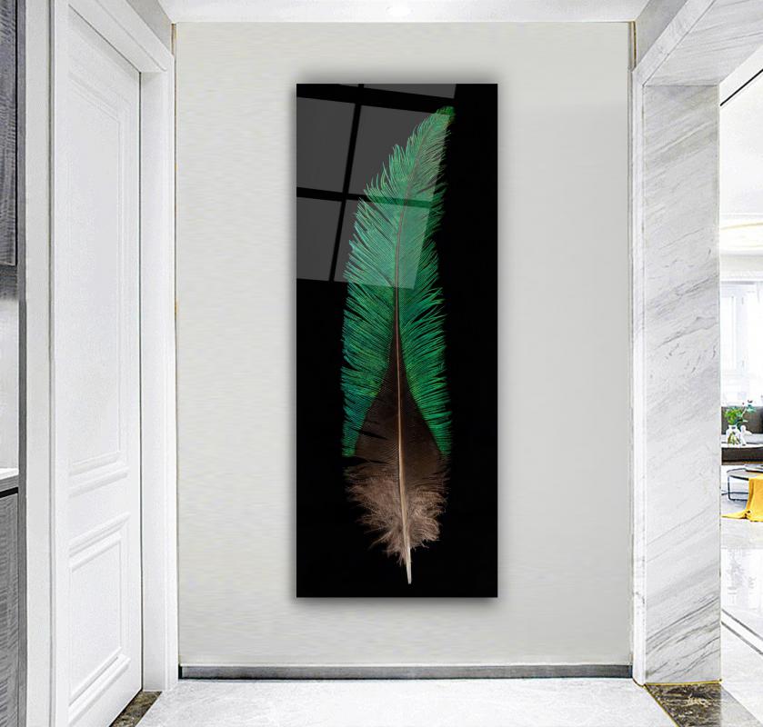 Green Feather Glass Wall Art