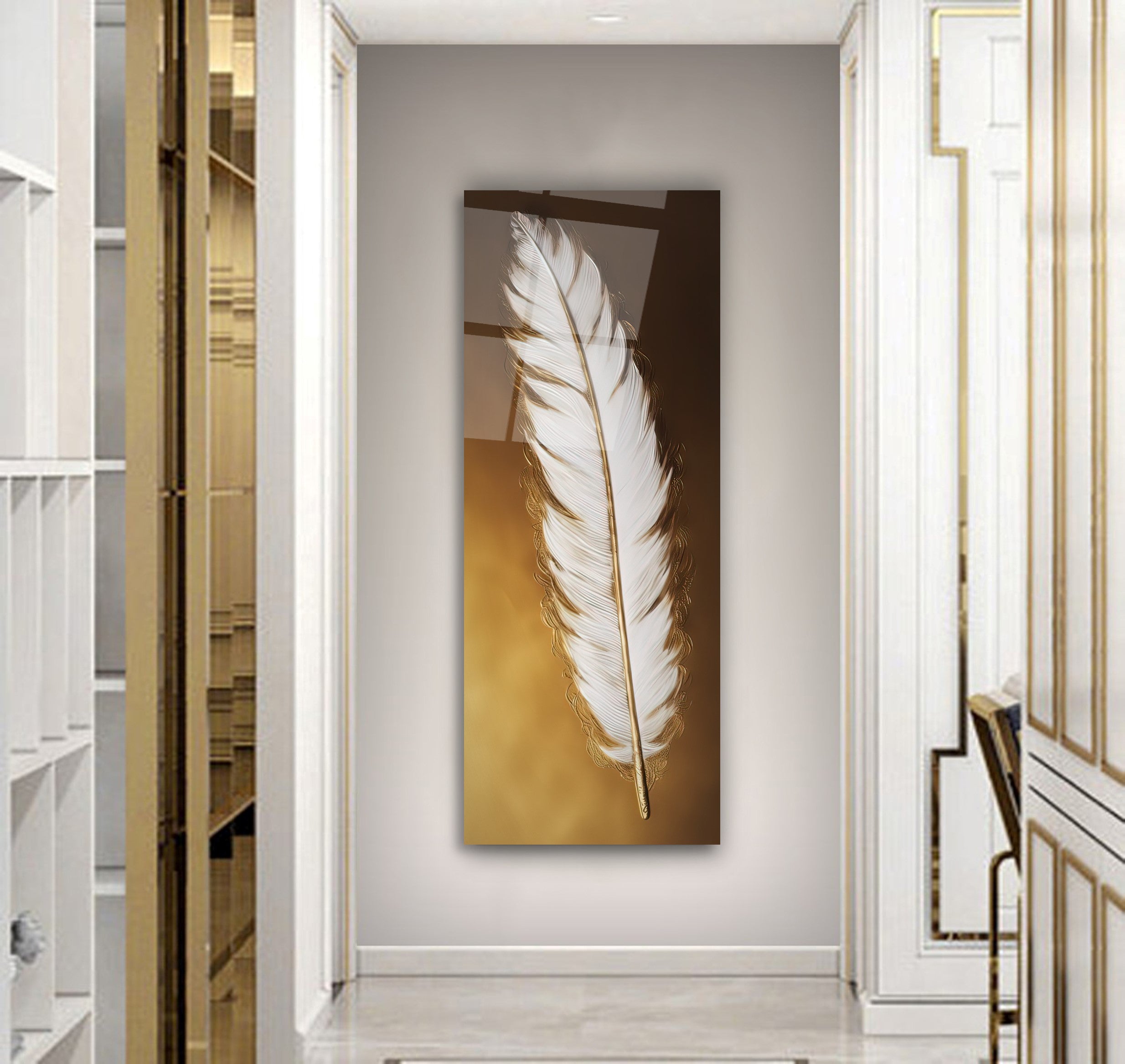 Gold Feather Glass Wall Art