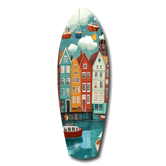 Cute Coastal Village Glass Wall Art