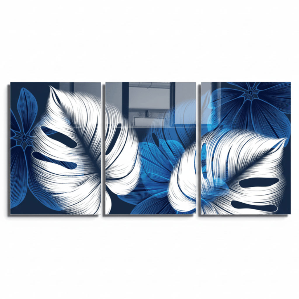 Blue Monstera Glass Wall Art