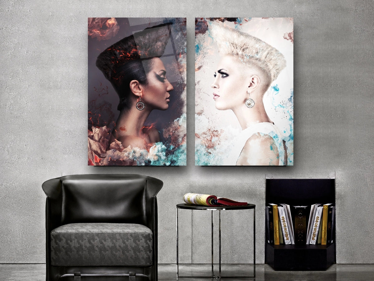 Contrasting Women Portraits Glass Wall Art