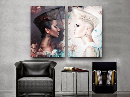 Contrasting Women Portraits Glass Wall Art