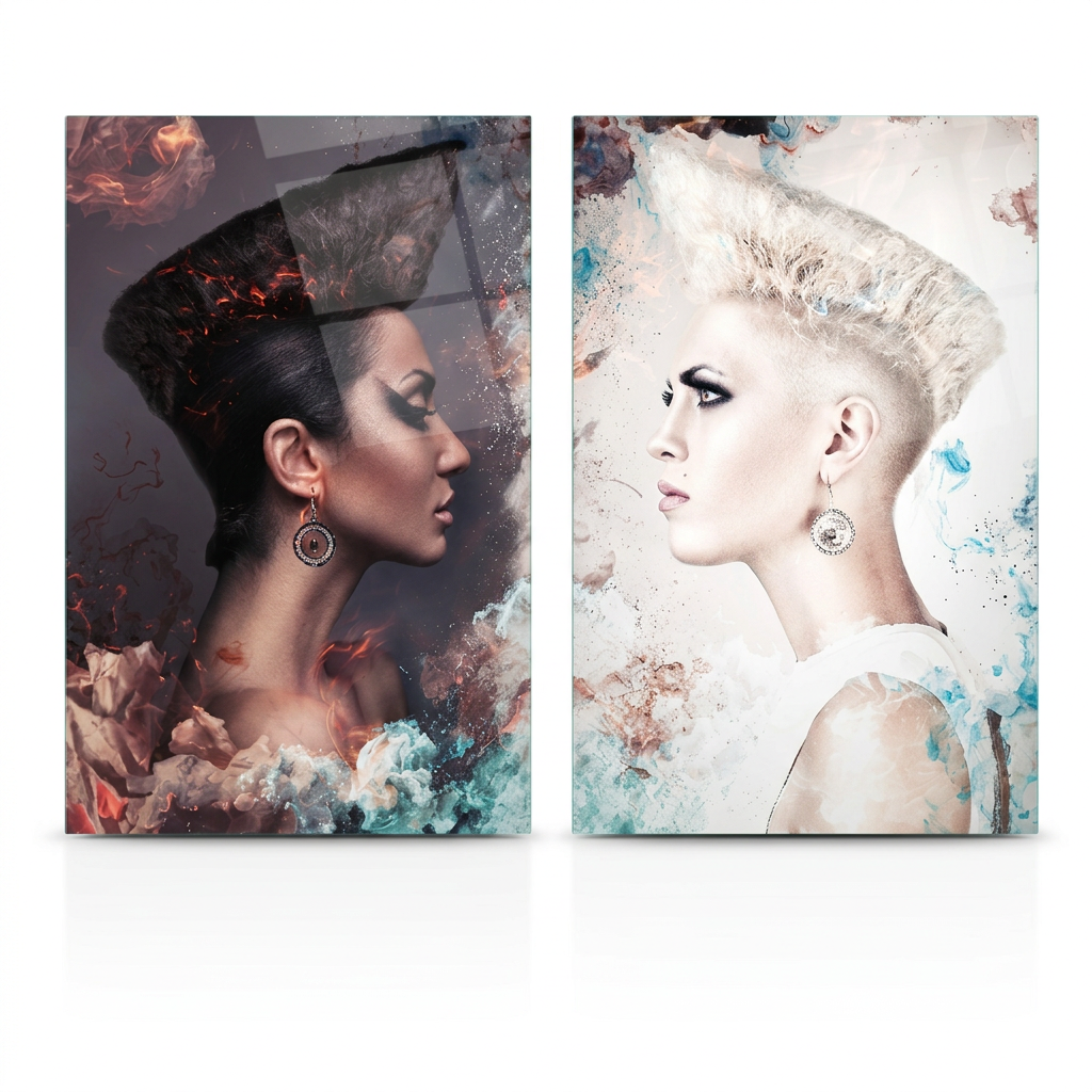 Contrasting Women Portraits Glass Wall Art
