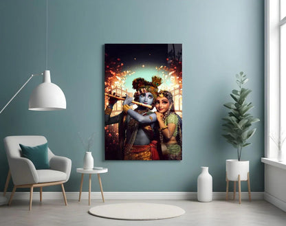 Krishna and Radha Glass Wall Art - LUXARTDECO