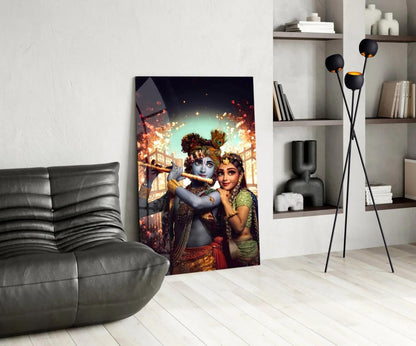 Krishna and Radha Glass Wall Art - LUXARTDECO