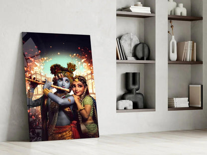 Krishna and Radha Glass Wall Art - LUXARTDECO