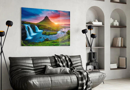 Kirkjufellsfoss Waterfall and View Glass Wall Art - LUXARTDECO