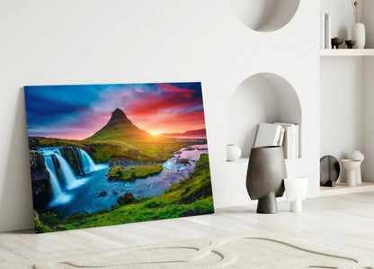 Kirkjufellsfoss Waterfall and View Glass Wall Art - LUXARTDECO