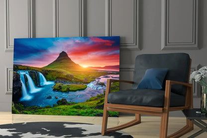 Kirkjufellsfoss Waterfall and View Glass Wall Art - LUXARTDECO