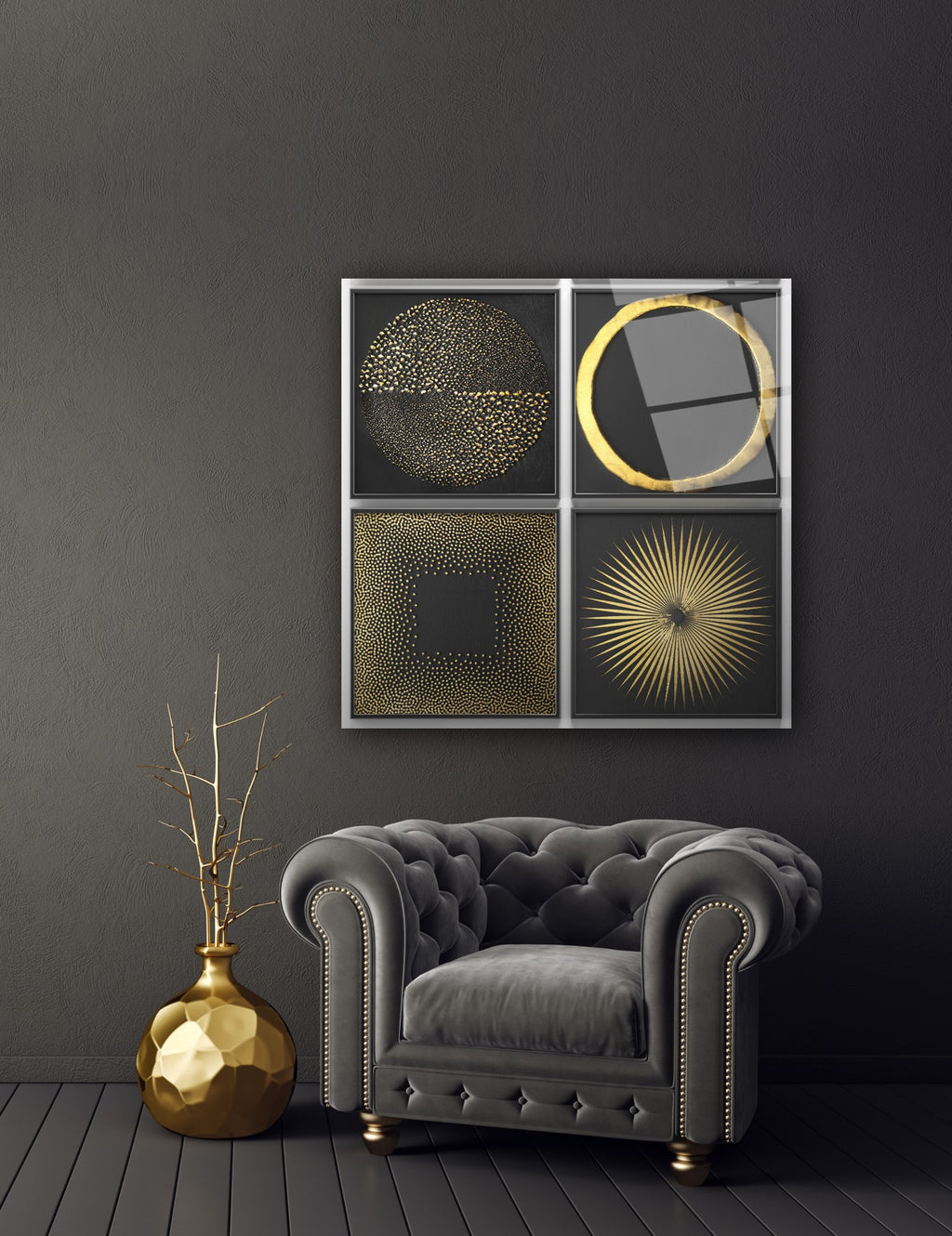 Art mural abstrait en verre or et noir