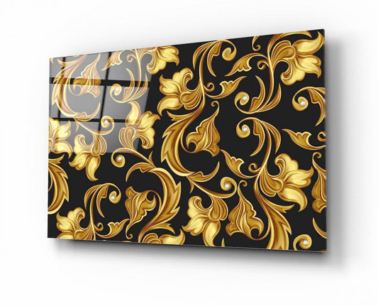 Gold Flowers and Leaves Glass Wall Art