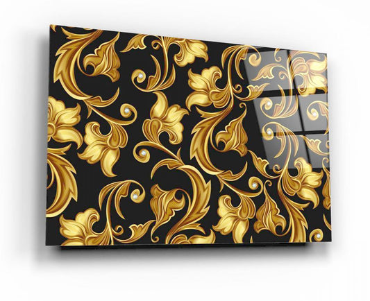 Gold Flowers and Leaves Glass Wall Art