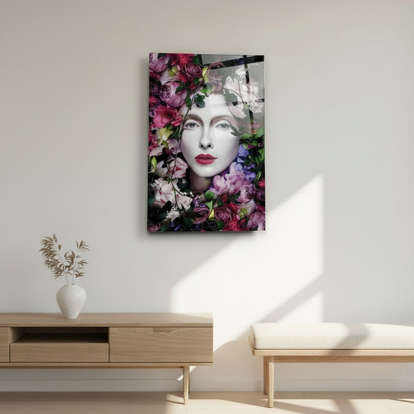 Femme à la couronne de fleurs Tableau mural en verre