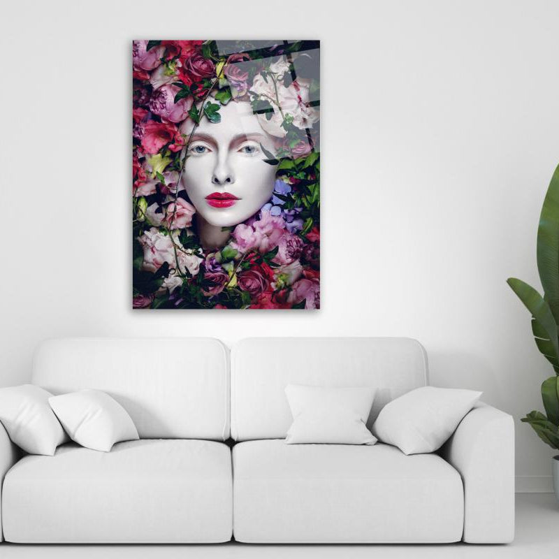 Femme à la couronne de fleurs Tableau mural en verre