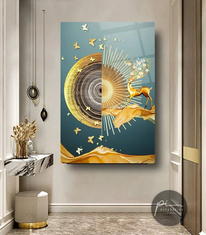 Golden Deer Glass Wall Art - LUXARTDECO