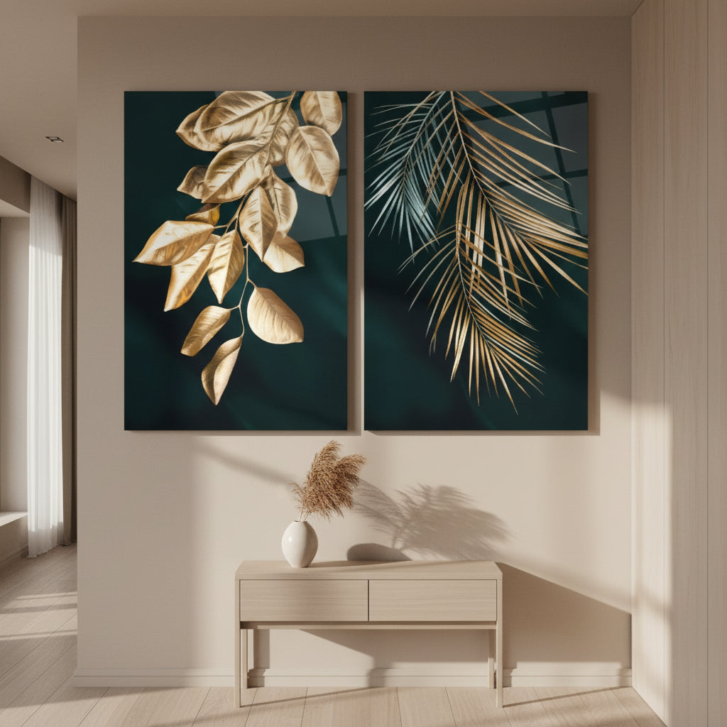 Ensemble de deux tableaux muraux en verre Feuilles dorées