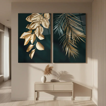 Golden Leaves Duo Glass Wall Art Set - LUXARTDECO