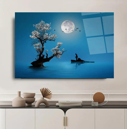 Moonlight Sea Boat Glass Wall Art - LUXARTDECO