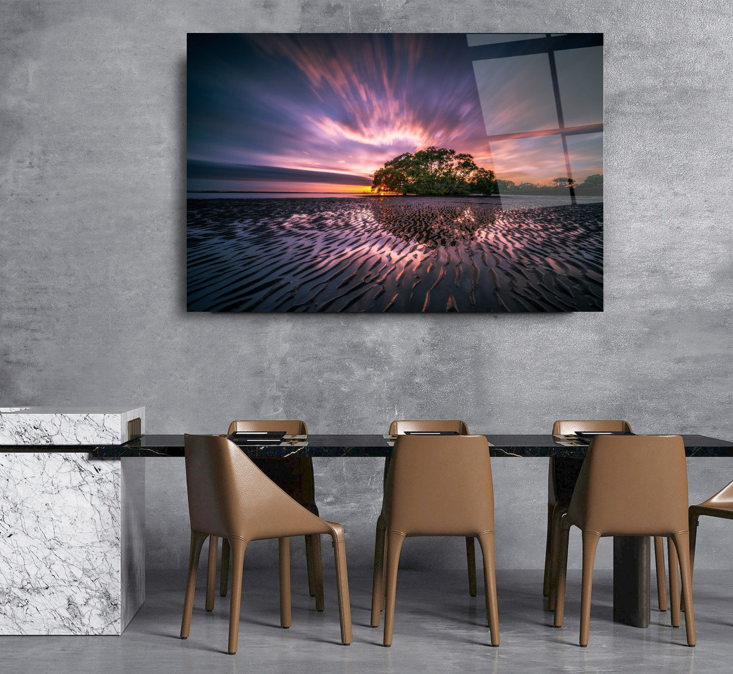 Tableau mural en verre au coucher du soleil sur l'océan