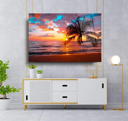 Sunset Beach Palm Glass Wall Art - LUXARTDECO