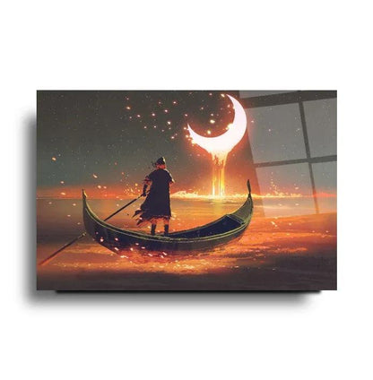 Boat and Moon Glass Wall Art - LUXARTDECO