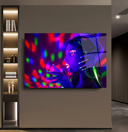 Neon Girl Glass Wall Art - LUXARTDECO