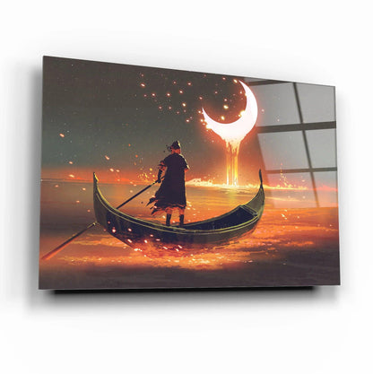 Boat and Moon Glass Wall Art - LUXARTDECO