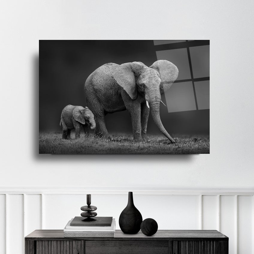 Tableau mural en verre Mère et Bébé Éléphant
