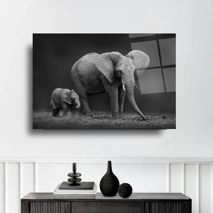 Mother Baby Elephant Glass Wall Art - LUXARTDECO