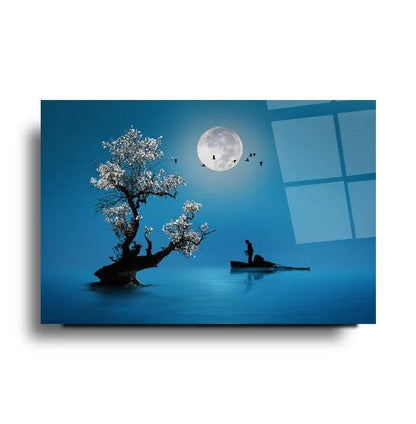 Moonlight Sea Boat Glass Wall Art - LUXARTDECO