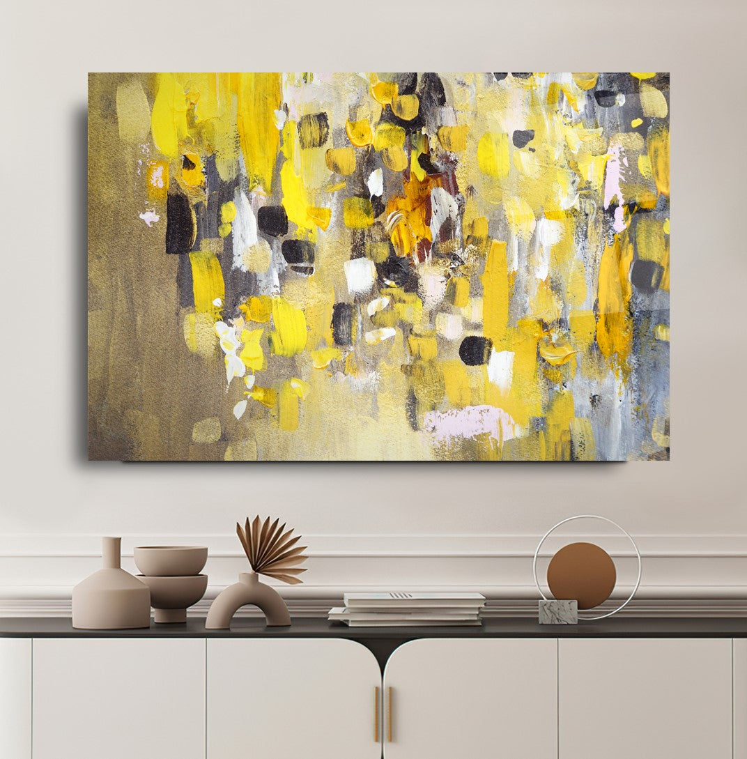 Art mural abstrait en verre jaune beige