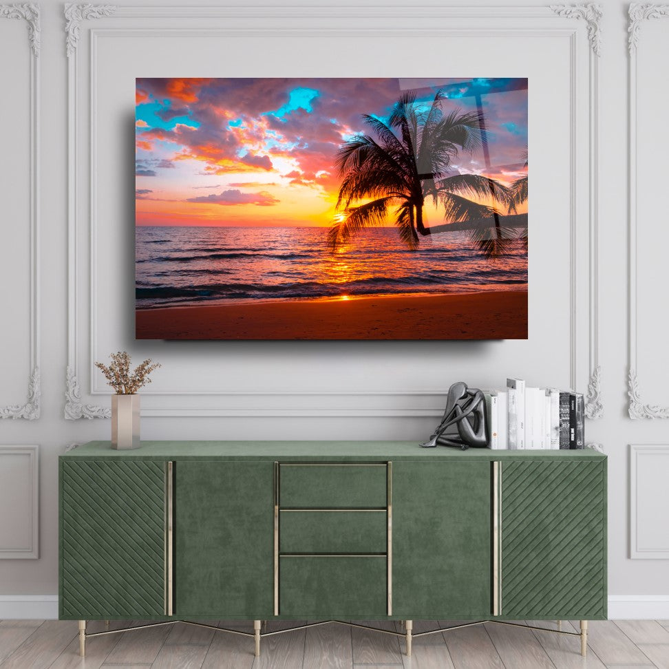 Sunset Beach Palm Glass Wall Art