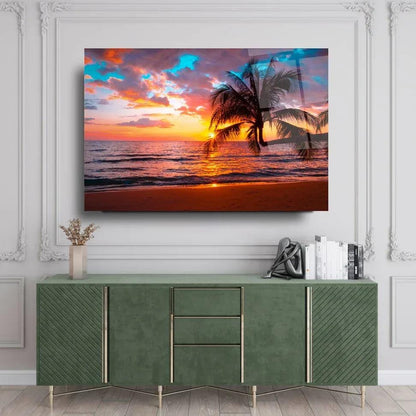 Sunset Beach Palm Glass Wall Art - LUXARTDECO