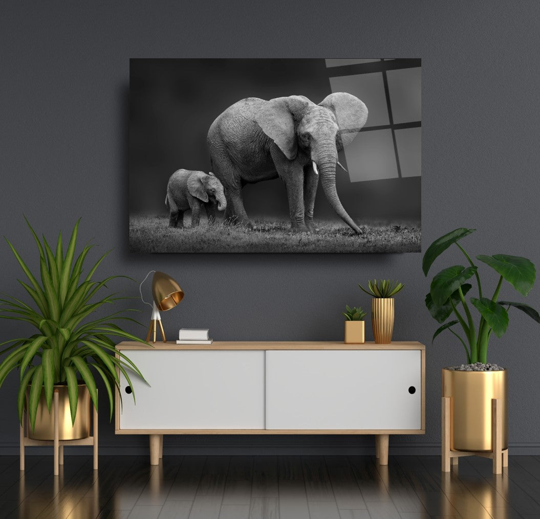 Tableau mural en verre Mère et Bébé Éléphant