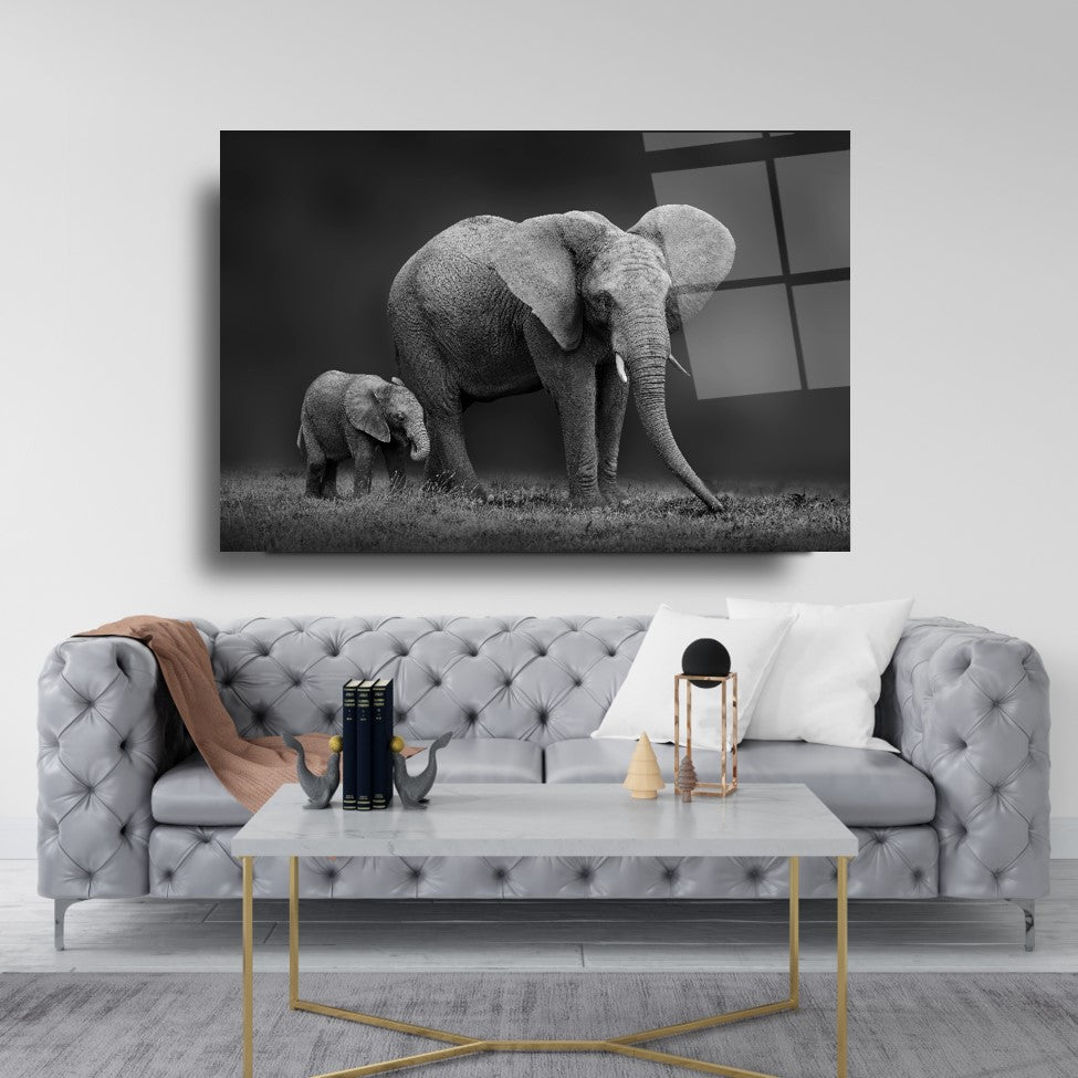 Tableau mural en verre Mère et Bébé Éléphant