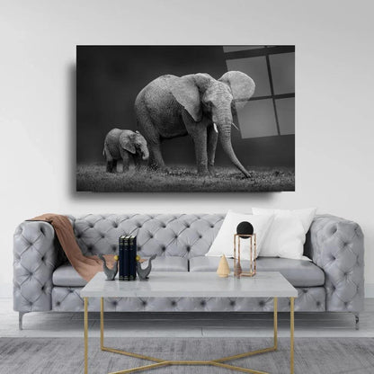 Mother Baby Elephant Glass Wall Art - LUXARTDECO