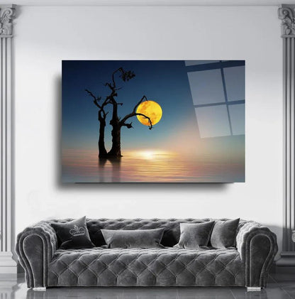 Moonlight Lake Tree Glass Wall Art - LUXARTDECO