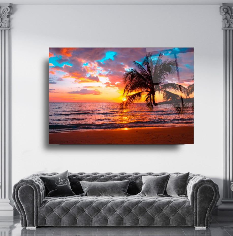Sunset Beach Palm Glass Wall Art