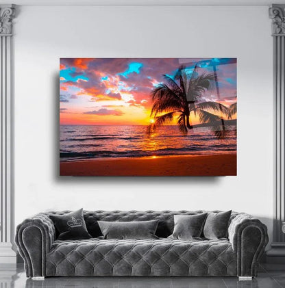 Sunset Beach Palm Glass Wall Art - LUXARTDECO