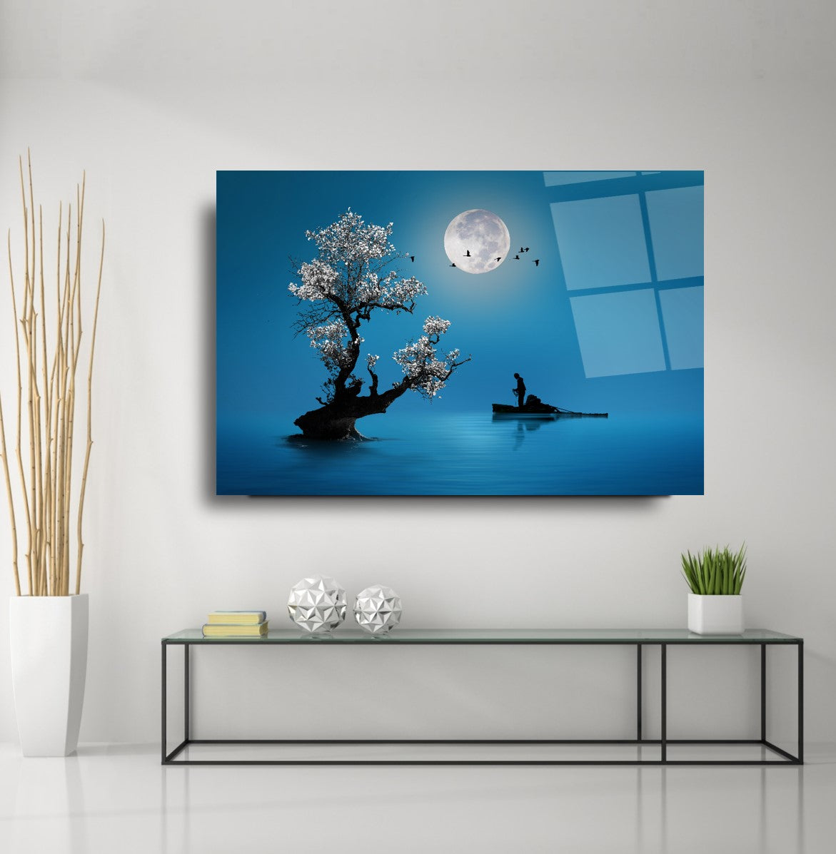 Tableau mural en verre représentant un bateau au clair de lune