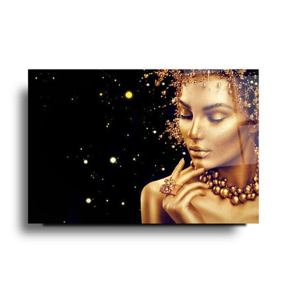 Visage de Femme Dorée Tableau en Verre Trempé