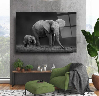 Mother Baby Elephant Glass Wall Art - LUXARTDECO