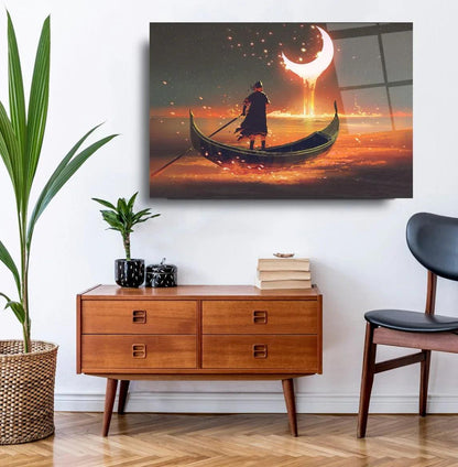 Boat and Moon Glass Wall Art - LUXARTDECO