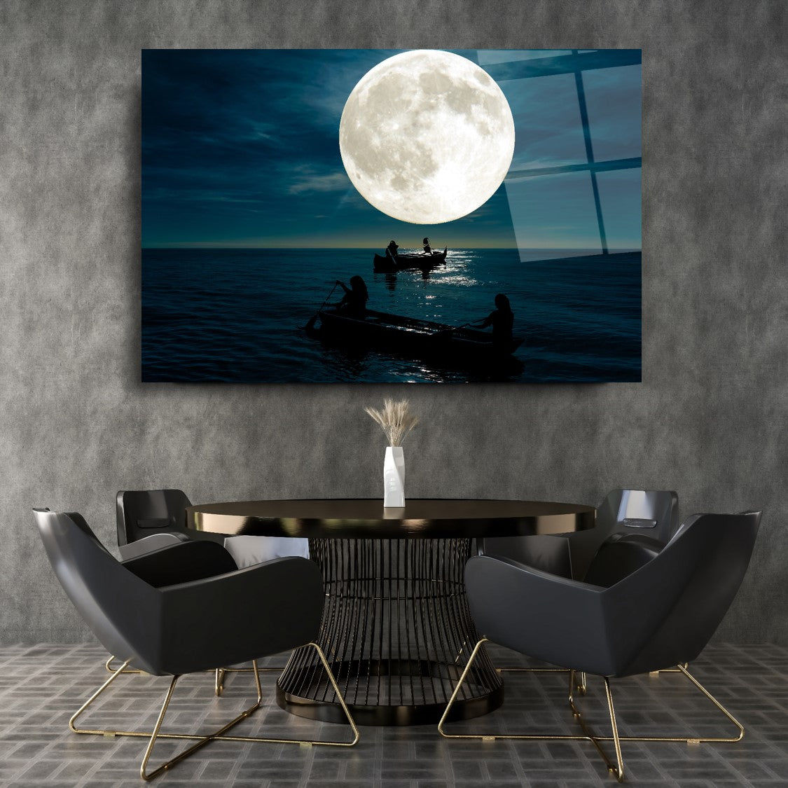 Tableau mural en verre représentant un bateau au clair de lune