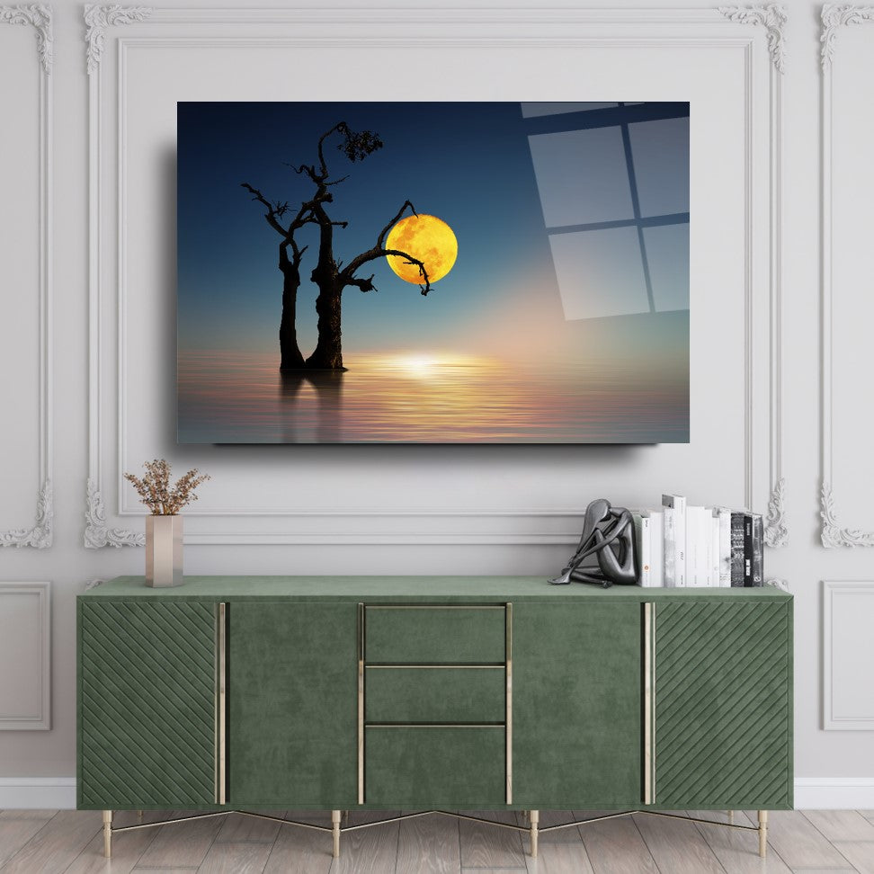 Tableau mural en verre Arbre du Lac au Clair de Lune