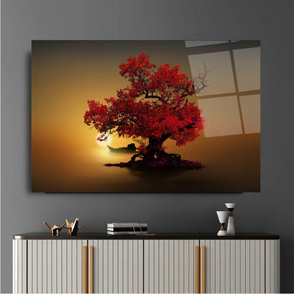 Red Tree Glass Wall Art - LUXARTDECO