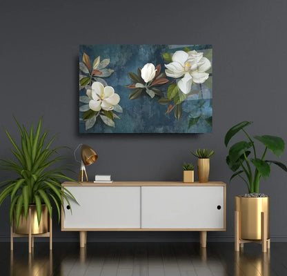 White Magnolia Glass Wall Art - LUXARTDECO
