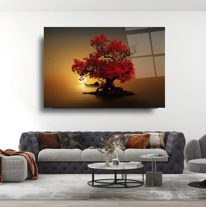 Red Tree Glass Wall Art - LUXARTDECO