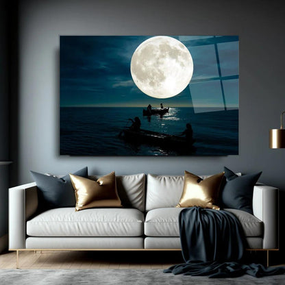 Moonlit Boat Glass Wall Art - LUXARTDECO