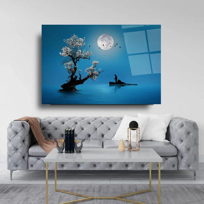 Moonlight Sea Boat Glass Wall Art - LUXARTDECO